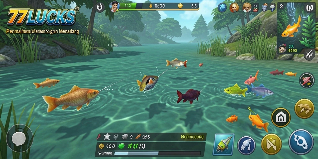 Screenshot utama 77LUCKS menampilkan gameplay seru saat memancing.