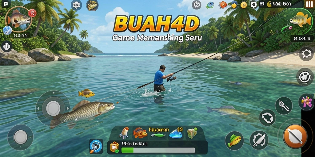 Tampilan gameplay BUAH4D saat menangkap ikan di laut.