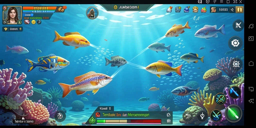 Tangkapan layar gameplay JUARAGO menunjukkan aksi menembak ikan yang seru.