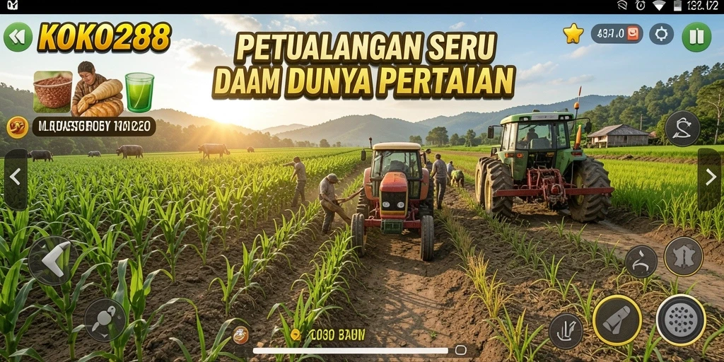 Tampilan gameplay KOKO288 dengan ladang yang hijau dan hewan ternak.